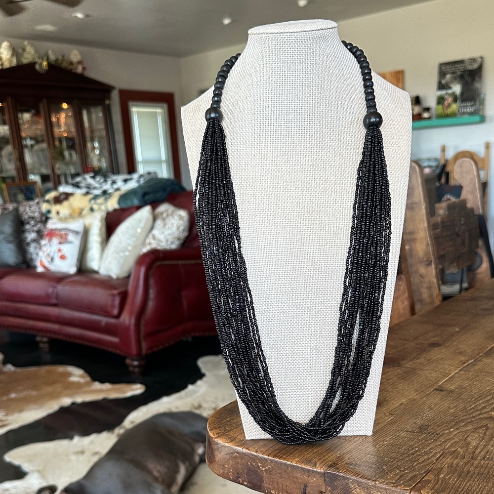 Black Seed Bead and Wood Bead Necklace